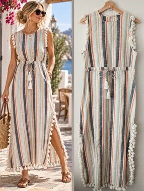 Nightcap Clothing Striped COTTON Pom pom Tassel BEACH Maxi DRESS Women's Size M